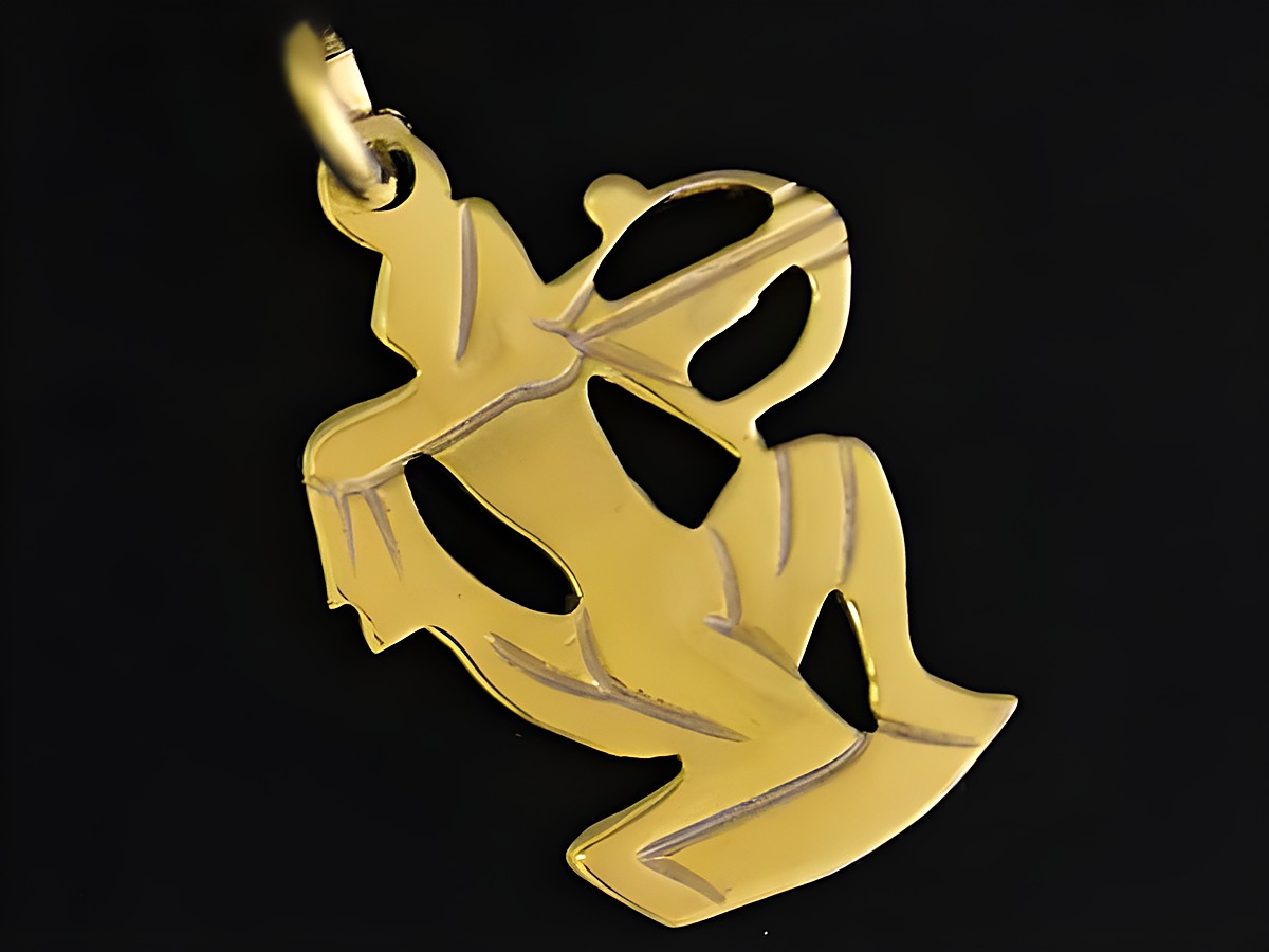 Schütze Anhänger Gold 333 im plastisch flachen Design, Hersteller Juwelier Harnisch, zeigt das Sternzeichen Schütze in stilisierter Form.