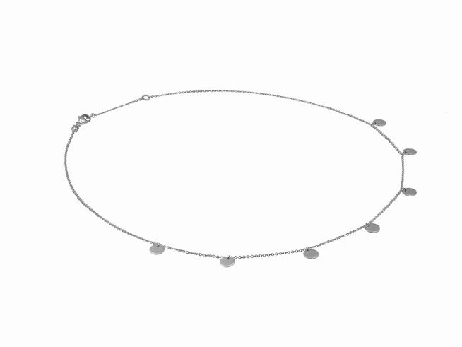 Kette Plättchenreihe aus Silber rhodiniert mit einer Länge von 42 cm plus 45 cm, Hersteller Juwelier Harnisch, mit mehreren Kettenmustern und dekorativen Plättchen.
