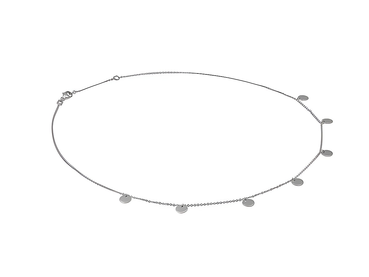 Kette Plättchenreihe aus Silber rhodiniert mit einer Länge von 42 cm plus 45 cm, Hersteller Juwelier Harnisch, mit mehreren Kettenmustern und dekorativen Plättchen.