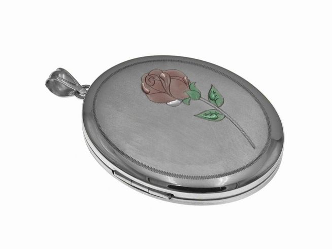 Ovales Medaillon aus Sterling Silber mit einer lackierten rosa und grünen Rose, Hersteller Juwelier Harnisch.