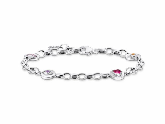Schmuckstück von Thomas Sabo, ein Armband aus Silber mit geschwungenen Elementen, verziert mit buntem, synthetischem Korund und Zirkonia, elegant und feminin.