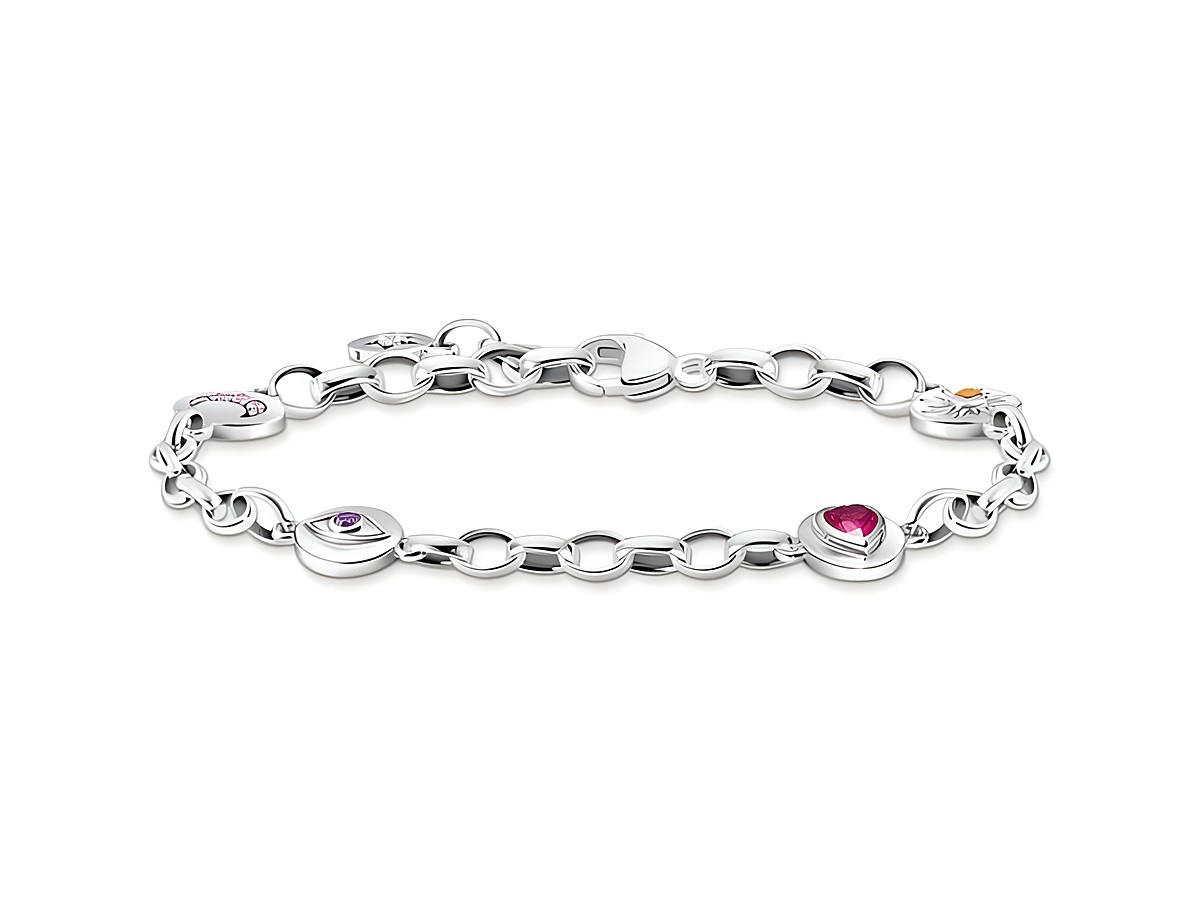 Schmuckstück von Thomas Sabo, ein Armband aus Silber mit geschwungenen Elementen, verziert mit buntem, synthetischem Korund und Zirkonia, elegant und feminin.