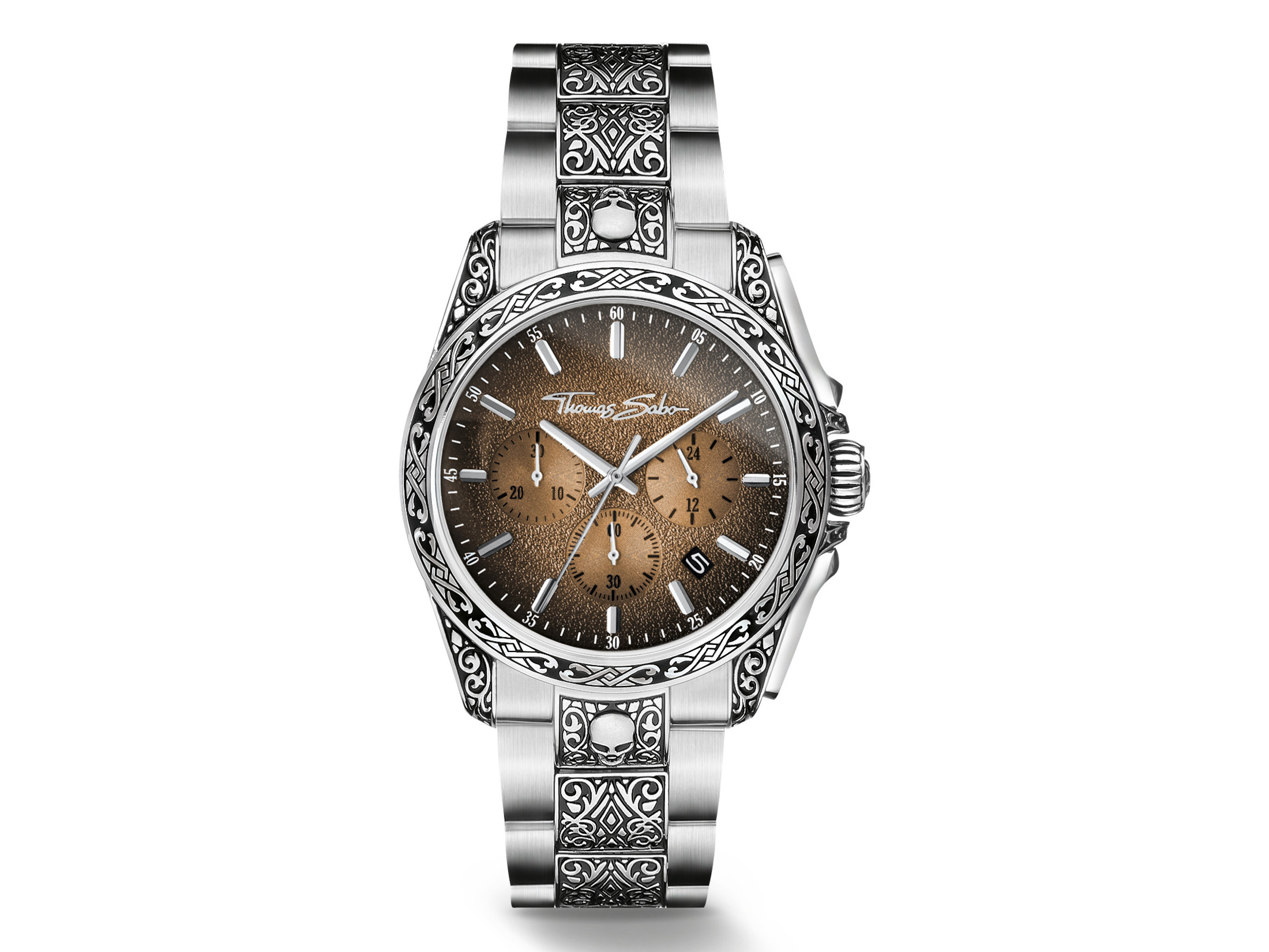 Thomas Sabo Uhr WA0446-201-205 mit braunem Ziffernblatt und Totenkopf-Design auf dem Armband, elegante Herrenarmbanduhr mit chronographischen Funktionen und stilvollem, robustem Gehäuse.