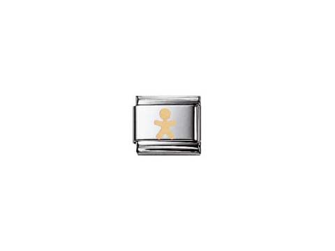 Ein silbernes Lebkuchen-Motiv mit einem goldenen Lebkuchenmann auf einem rechteckigen Element der Marke Nomination, geeignet für Armbänder.