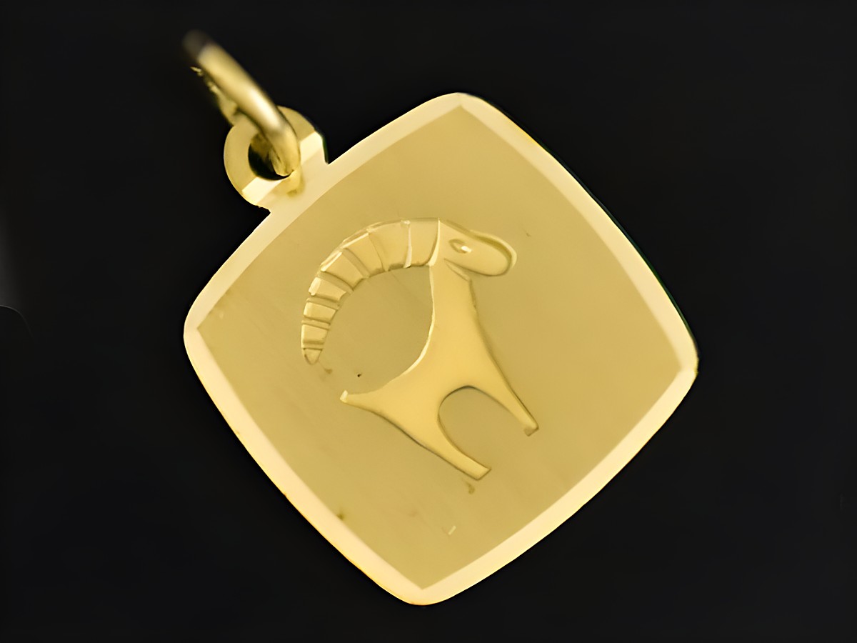 Steinbock Anhänger Gold 333 mit quadratischer, mattierter Oberfläche, zeigt das Sternzeichen Steinbock, Hersteller Juwelier Harnisch.