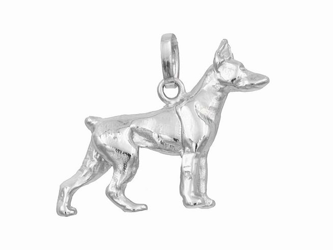 Anhänger eines Dobermanns aus rhodiniertem Sterling Silber, gefertigt von Juwelier Harnisch, ideal für Tierliebhaber und als Schmuckstück für Hundeliebhaber.