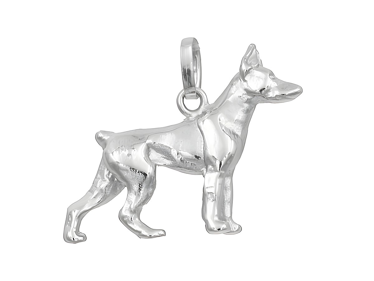 Anhänger eines Dobermanns aus rhodiniertem Sterling Silber, gefertigt von Juwelier Harnisch, ideal für Tierliebhaber und als Schmuckstück für Hundeliebhaber.