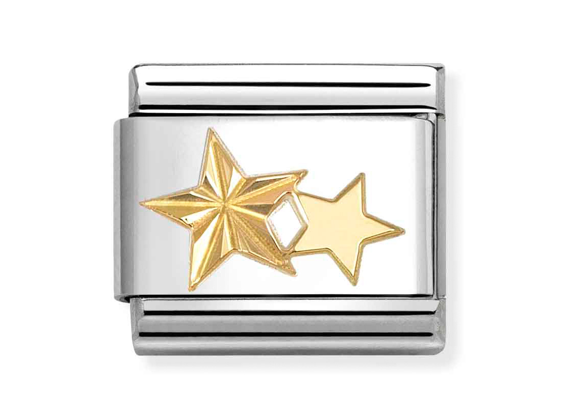 Zwei diamantierte Sterne in Classic Gold und Emaille auf einem silbernen Hintergrund, Hersteller Pandora, Neuheiten, Artikelnummer 030149 65, elegant und auffällig gestaltet.