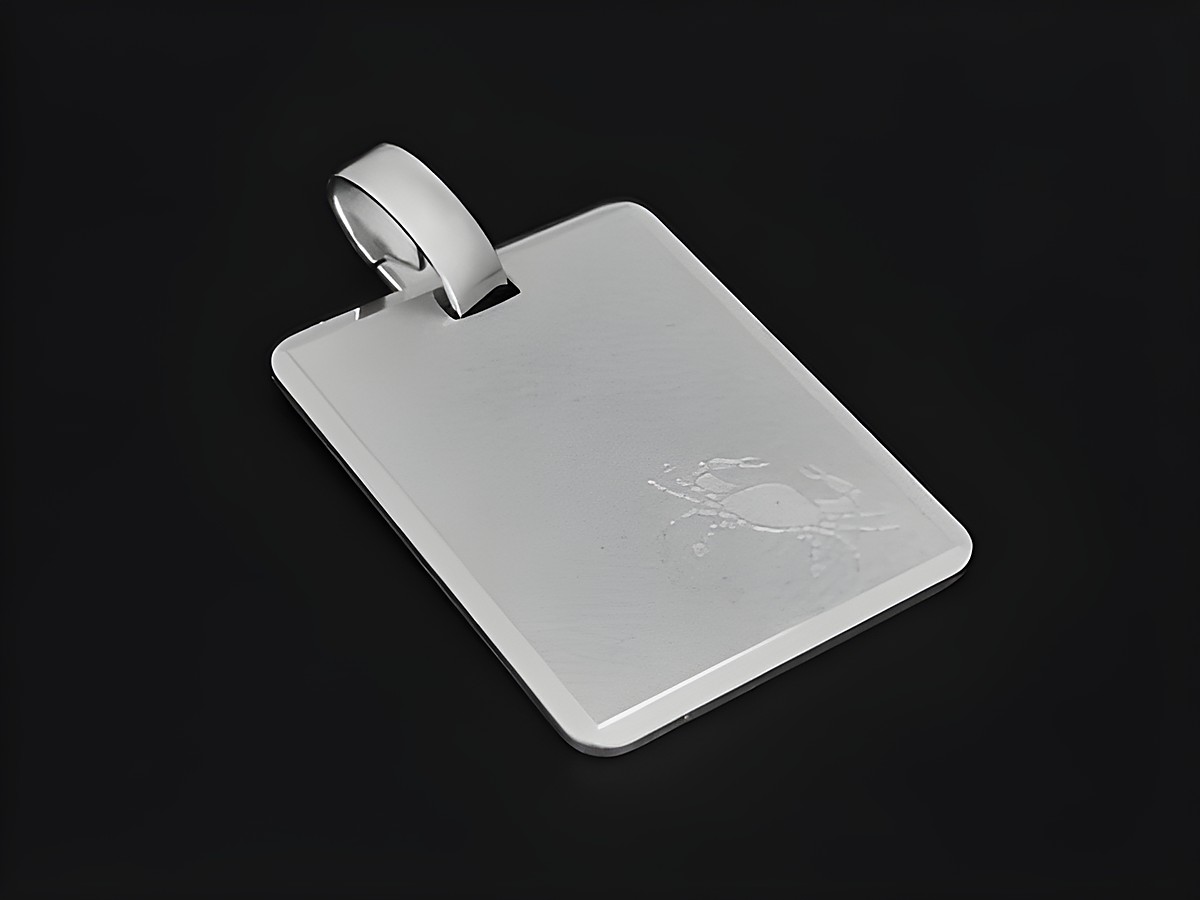 Silber Anhänger mit Gravurplatte in mattierter Oberfläche, symbolisiert das Sternzeichen Krebs, hergestellt von Juwelier Harnisch.