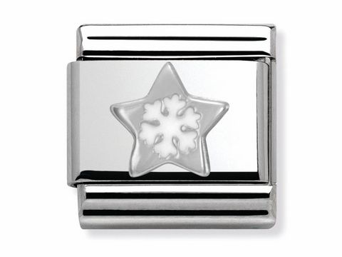 Stern mit Schneeflocke in Emaille auf silberner Nomination Classic Brosche, elegantes und winterliches Design, ideal für persönliche Schmuckstücke und Sammlungen.