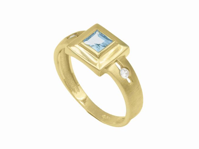 Gelbgold Ring aus edlem Gelbgold 585 mit einem Blautopas und Zirkonia, Größe 54, Hersteller Juwelier Harnisch, bis Größe 54/17,5.