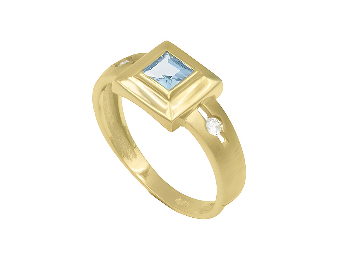 Gelbgold Ring aus edlem Gelbgold 585 mit einem Blautopas und Zirkonia, Größe 54, Hersteller Juwelier Harnisch, bis Größe 54/17,5.