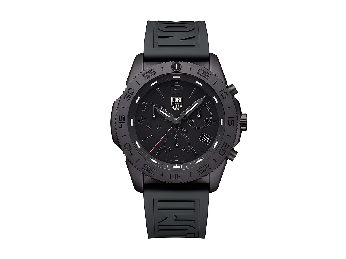 Luminox Uhr XS.3141.BO.1 SEA Pacific Diver in 44 mm mit schwarzem Gehäuse, schwarzem Zifferblatt und schwarzem Silikonarmband, ideal für Taucher und Sportler.