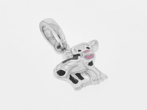Silber Anhänger Kälbchen rhodiniert mit schwarzem und weißem Lack, niedlich gestaltet, ideal für Kinder, Hersteller Juwelier Harnisch.