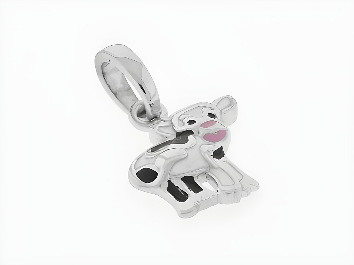 Silber Anhänger Kälbchen rhodiniert mit schwarzem und weißem Lack, niedlich gestaltet, ideal für Kinder, Hersteller Juwelier Harnisch.