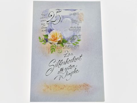 Hochzeitskarte mit Notenpapier und einer Rose, verziert mit dem Text zur Silberhochzeit und dem Hinweis auf gute Wünsche, hergestellt von Juwelier Harnisch, Hochzeitskarten.
