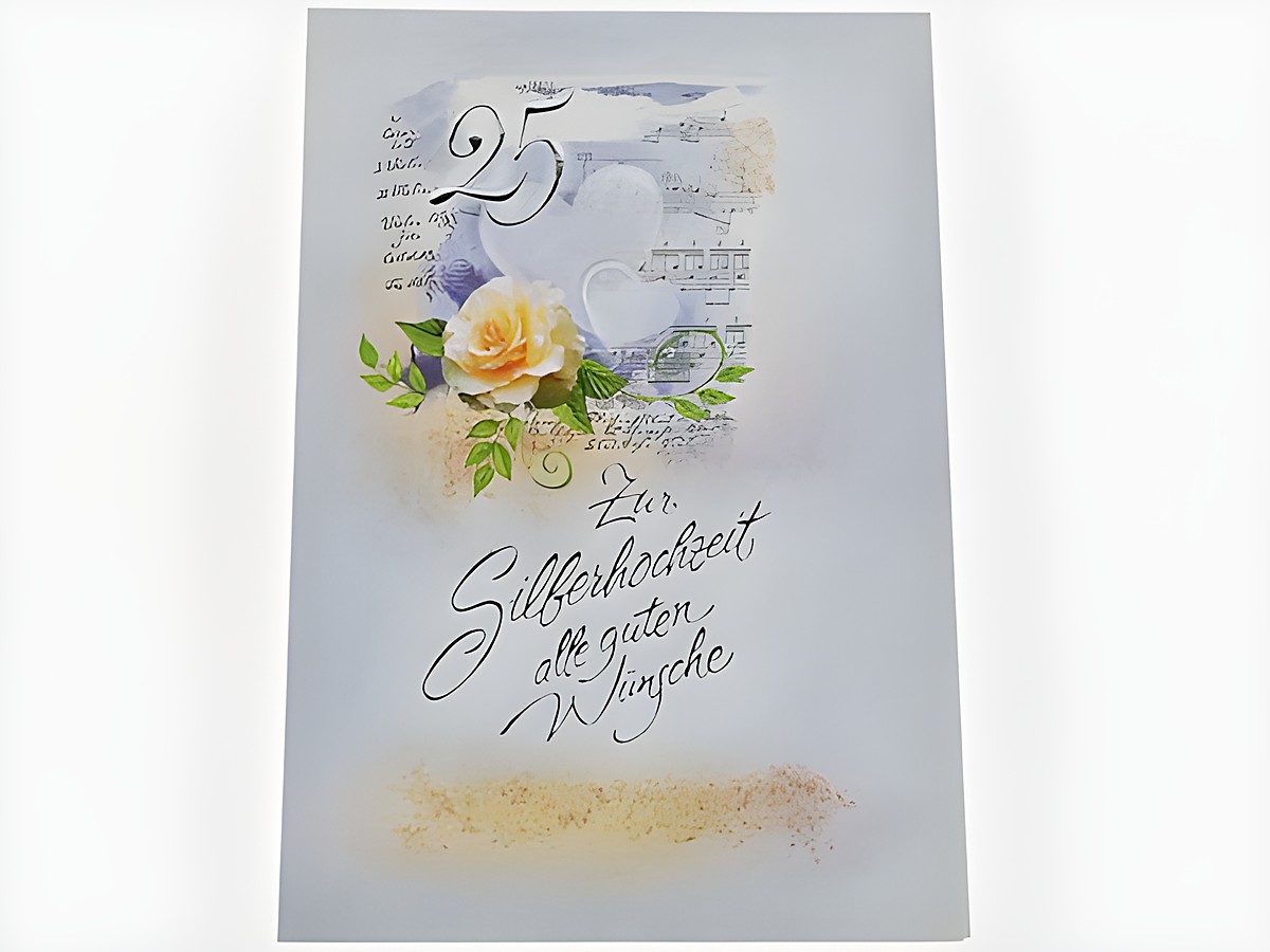 Hochzeitskarte mit Notenpapier und einer Rose, verziert mit dem Text zur Silberhochzeit und dem Hinweis auf gute Wünsche, hergestellt von Juwelier Harnisch, Hochzeitskarten.