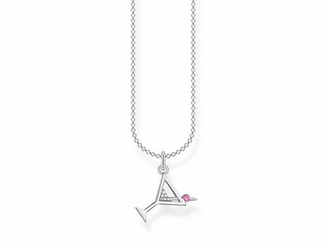 Kette mit einem Cocktailglas-Anhänger aus Silber, verziert mit synthetischem Corundum und einem pinken Stein, ideal für stilbewusste Frauen, Länge 38 bis 45 cm.