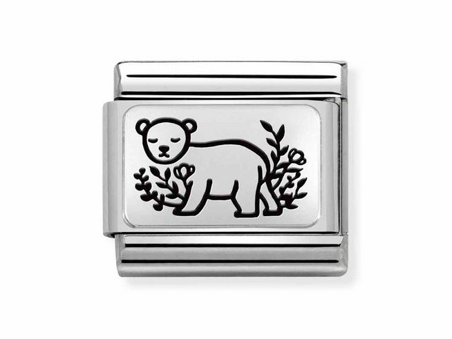 Charm von Nomination in Silber mit einem Bären, der von Blumen umgeben ist. Hergestellt aus Edelstahl und Sterling Silber, perfekt für Sammler und Liebhaber von Schmuck.