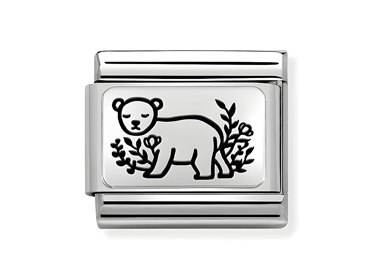 Charm von Nomination in Silber mit einem Bären, der von Blumen umgeben ist. Hergestellt aus Edelstahl und Sterling Silber, perfekt für Sammler und Liebhaber von Schmuck.