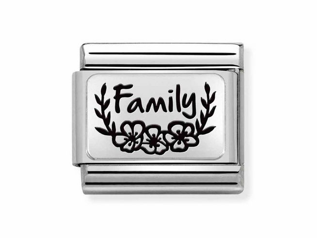 Charm aus Edelstahl und Sterling Silber von Nomination, Modell Classic Silber 330111 33, mit dem gravierten Wort Family und floralen Motiven. Ideal für Armbänder.
