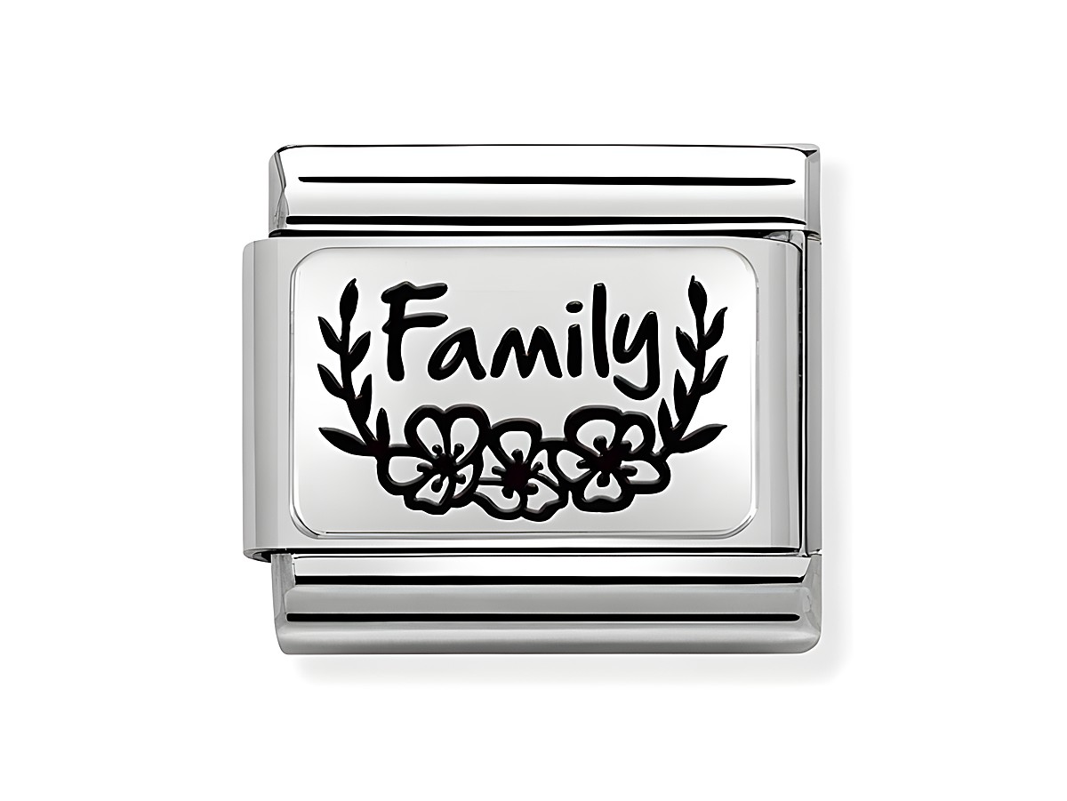 Charm aus Edelstahl und Sterling Silber von Nomination, Modell Classic Silber 330111 33, mit dem gravierten Wort Family und floralen Motiven. Ideal für Armbänder.