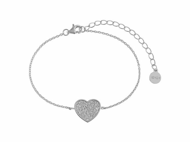 Xenox Sterling Silber Armband XS3605 mit einer Karreekette und einem funkelnden Herz als Mittelpunkt, geeignet für Handgelenke von 15 bis 20 cm, Teil der LOVE STORY Kollektion.
