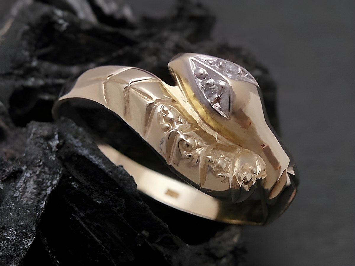 Gold Ring mit Schlangenmotiv, bicolor Gold 333, besetzt mit Diamanten, Größe 57 bis 58, Hersteller: Juwelier Harnisch. Ideal für Schmuckliebhaber.