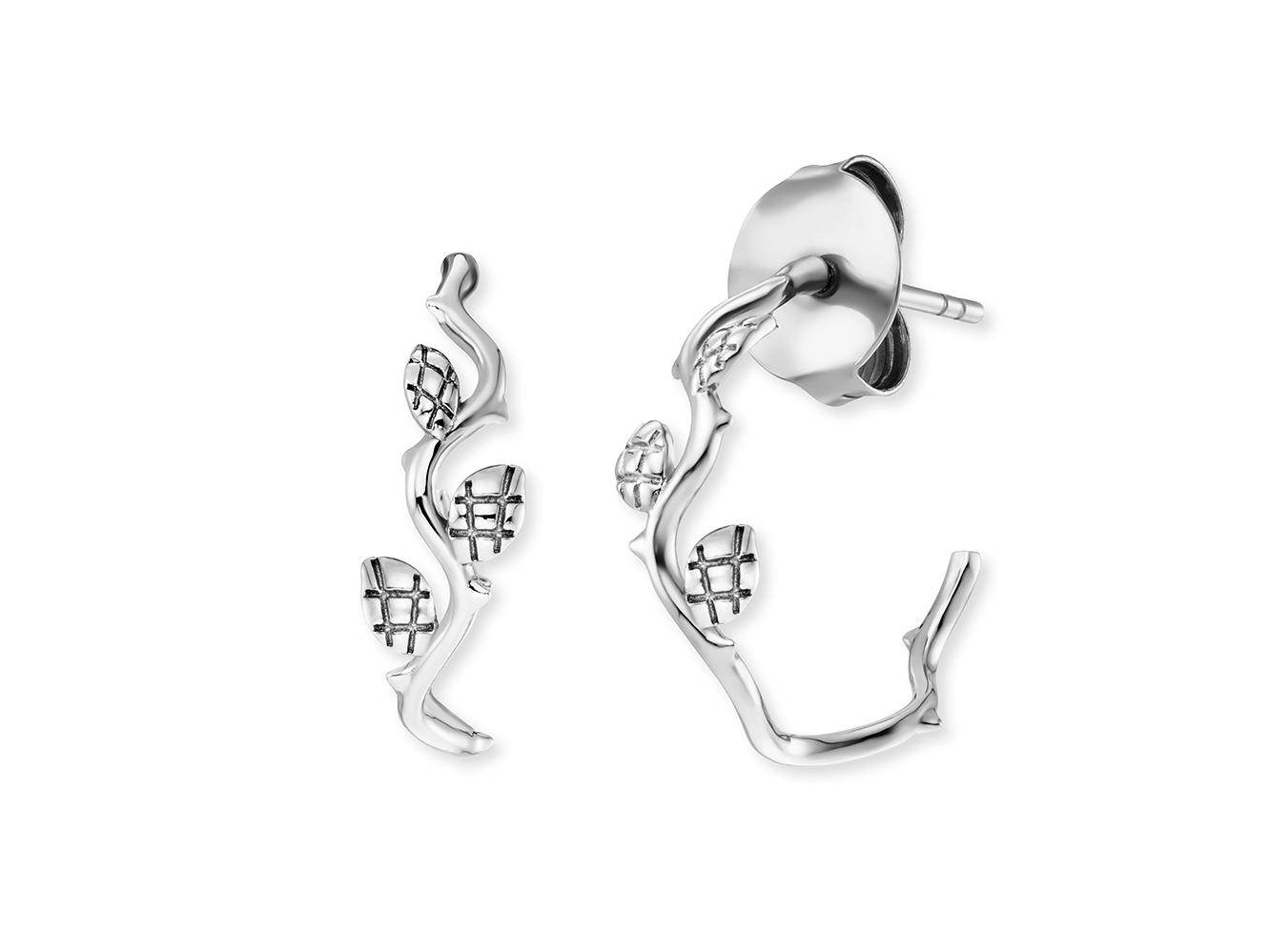 Engelsrufer ERE-ROSE-CR ROSE Creole Ohrringe aus Silber rhodiniert, inspiriert von Pflanzenmotiven, mit filigranen Blättern und einem eleganten, geschwungenen Design.