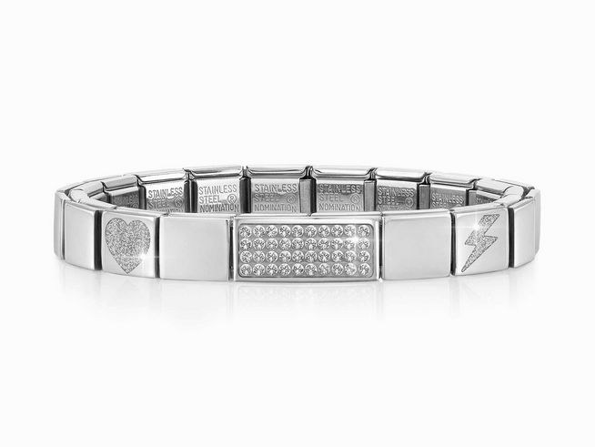 Edelstahl Armband von Nomination in Silber mit verschiedenen Elementen wie Herz und Blitz sowie strahlenden Zirkonia, Modell Double Link WEISS, Artikelnummer 239105 20.