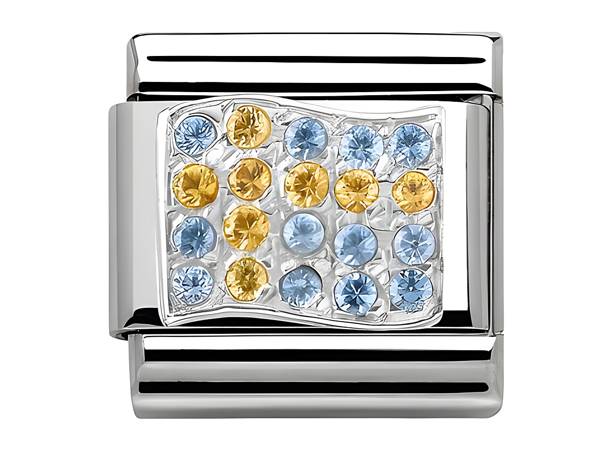Schmuckelement von Nomination mit der Bezeichnung Classic SilverShine, verziert mit Zirkonia in den Farben Blau und Gelb, dargestellt in Form einer Flagge, ideal für Anhänger oder Armbänder.