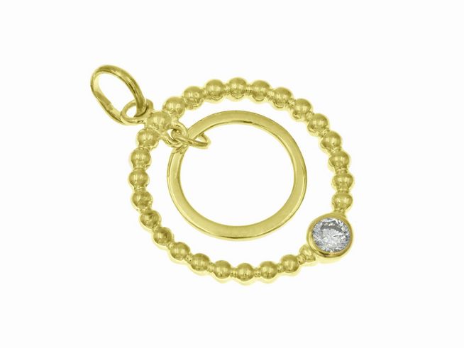 Anhänger Duo Ringe in Sterling Silber mit Gelbgold Vergoldung, hergestellt von Juwelier Harnisch, kunstvoll gestaltet mit verschiedenen Motiven und einem funkelnden Stein.