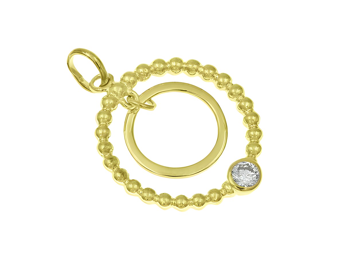 Anhänger Duo Ringe in Sterling Silber mit Gelbgold Vergoldung, hergestellt von Juwelier Harnisch, kunstvoll gestaltet mit verschiedenen Motiven und einem funkelnden Stein.