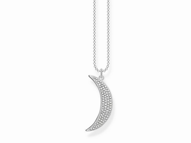Thomas Sabo Kette aus Sterling Silber mit einem geschwungenen Mond-Anhänger, verziert mit weißen Zirkonia, Länge 45 bis 50 cm. Elegantes Schmuckstück für jeden Anlass.