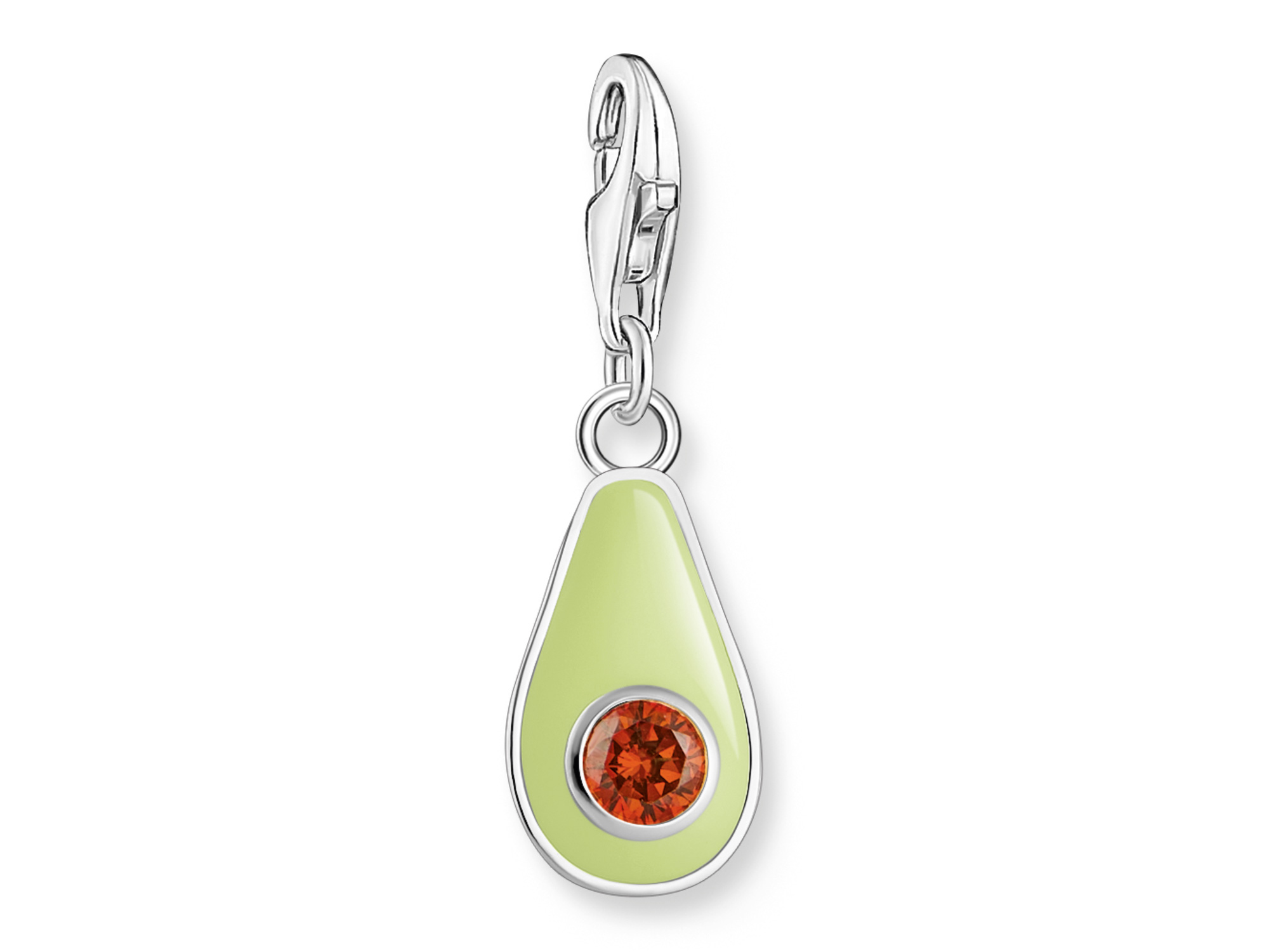 Charm-Anhänger von Thomas Sabo in Form einer bunten Avocado mit silbernem Karabiner. Der Anhänger zeigt einen leuchtend grünen Farbton und einen orangenen Stein als Akzent.