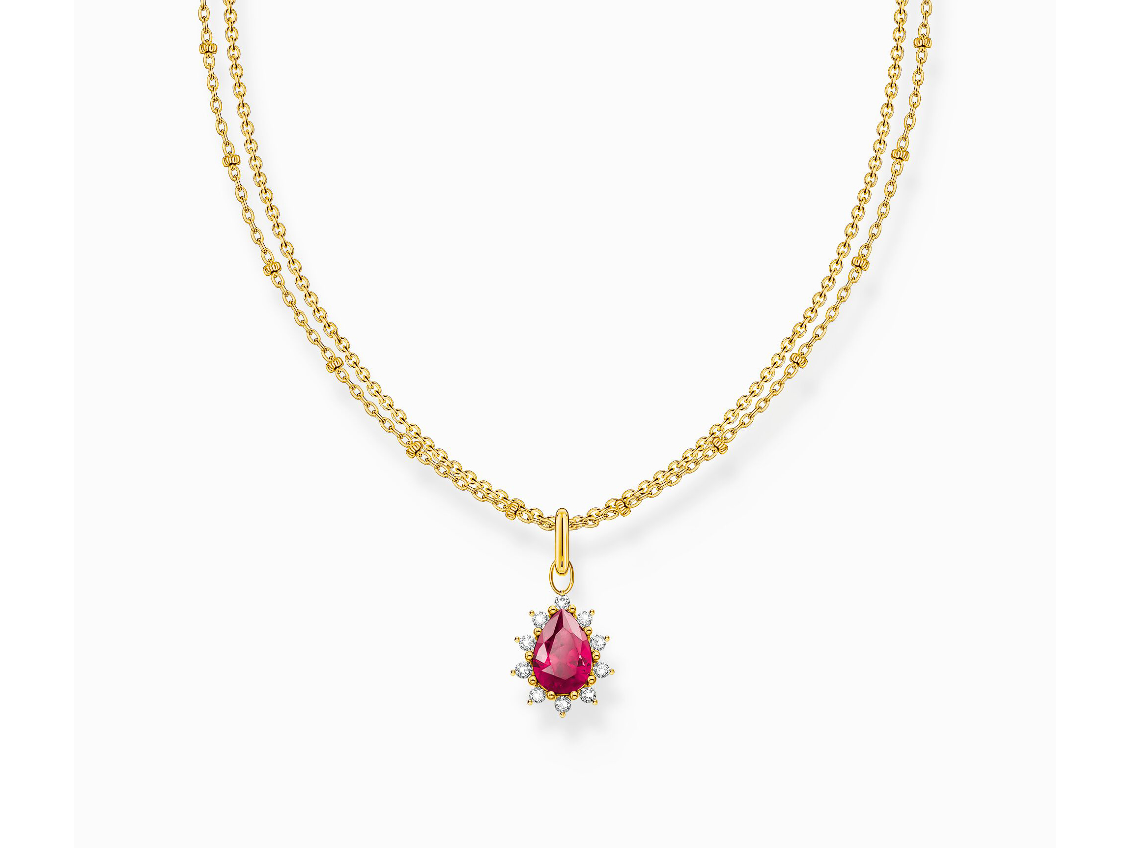 Zarte Thomas Sabo True Romance Kette mit zwei vergoldeten Kettensträngen, verziert mit einem roten Lab Grown Saphir und funkelnden Zirkonia, Länge 40 bis 45 cm.