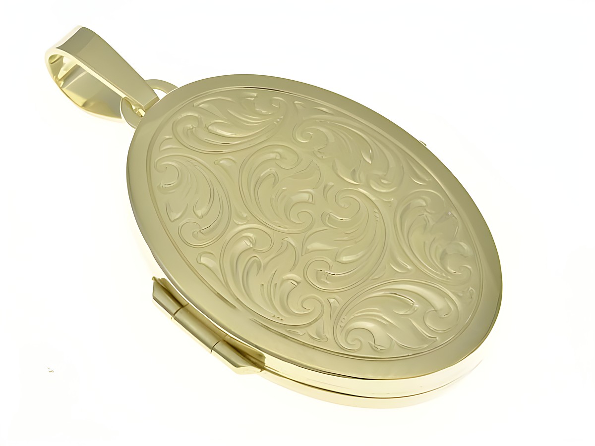 Ovales Medaillon mit feinem Diamantschliff aus Sterling Silber, gelbgold vergoldet und reizendem Design, Hersteller Juwelier Harnisch, ideal für persönliche Erinnerungen.