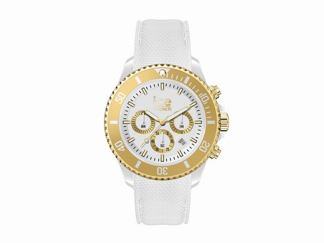 Auf dem Bild ist eine Ice Watch ICE chrono in Weißgold zu sehen. Die Uhr hat ein helles Armband und ein Zifferblatt mit goldenen Akzenten, das sportlich und elegant wirkt.