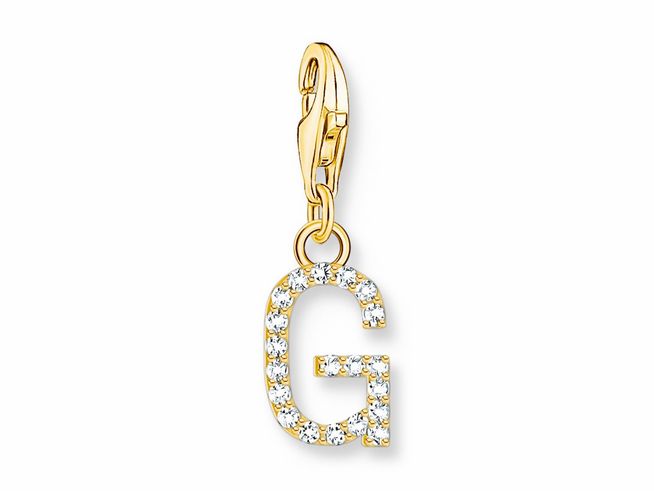 Charm-Anhänger aus Silber mit vergoldeter Oberfläche, funkelndem Buchstaben G und weißen Zirkonia-Steinen, ideal für individuelle Schmuckkreationen.