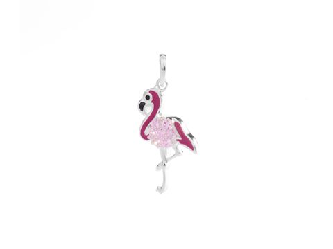 Flamingo Anhänger aus Silber mit pinkem Zirkonia und glänzendem rosa Lack, tierisch verspielt, ideal für Schmuckliebhaber. Hersteller: Juwelier Harnisch.