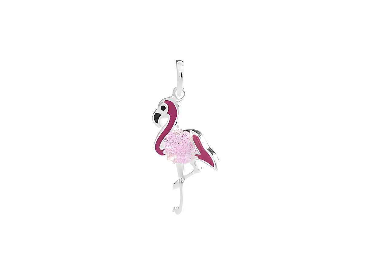 Flamingo Anhänger aus Silber mit pinkem Zirkonia und glänzendem rosa Lack, tierisch verspielt, ideal für Schmuckliebhaber. Hersteller: Juwelier Harnisch.