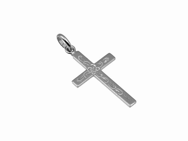 Kreuz Anhänger mit verspielten Ranken aus 333 Weißgold, poliert, Hersteller Juwelier Harnisch.