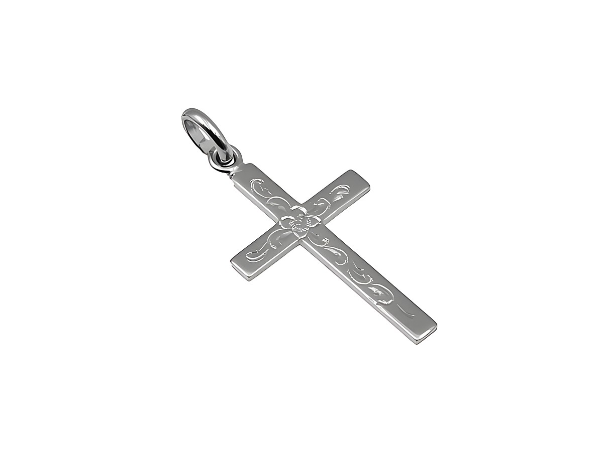 Kreuz Anhänger mit verspielten Ranken aus 333 Weißgold, poliert, Hersteller Juwelier Harnisch.