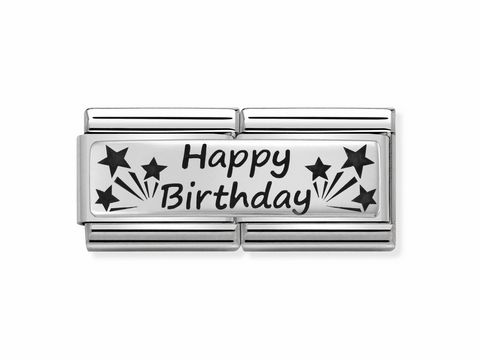 Silberner Charm mit Gravur "Happy Birthday" und Sternenmotiven, passend zum Nomination Armband, Hersteller SilverShine Classic, Double Ausführung.