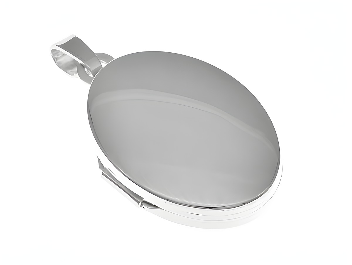 Ovales Medaillon aus 585 Weißgold von Juwelier Harnisch, zeitloses Design, ideal für persönliche Gravuren oder als edles Schmuckstück.