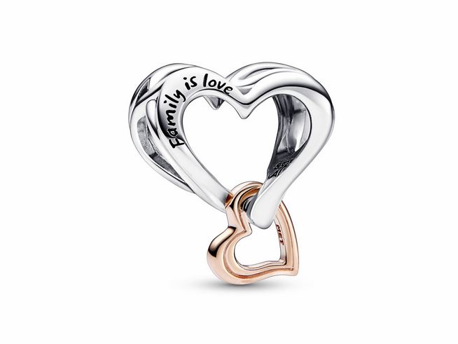 Bicolor Unendlichkeits-Herz Charm von Pandora aus Sterling Silber und Roségold Vergoldung, mit dem aufgedruckten Text Family is love, elegant und symbolisch für ewige Verbundenheit.