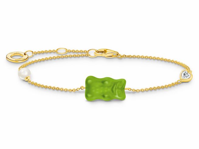 Armband aus Gold mit einem grünen Gummibärchen, einer Perle und einem Zirkonia. Feine Gliederkette in vergoldetem Silber, spielerisches und elegantes Design, ideal für jeden Anlass.