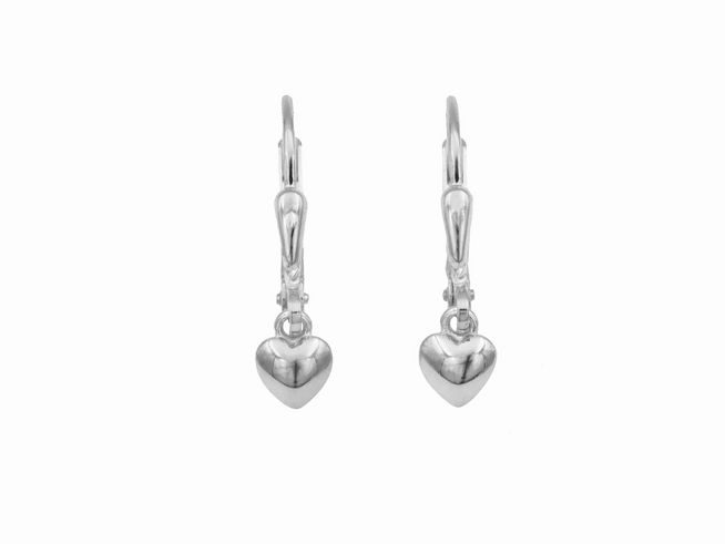 Ohrringe Ohrhänger Herzchen aus Sterling Silber, rhodiniert, ideal für Kinder, hergestellt von Juwelier Harnisch, mit glänzenden Herzchen als Anhänger.