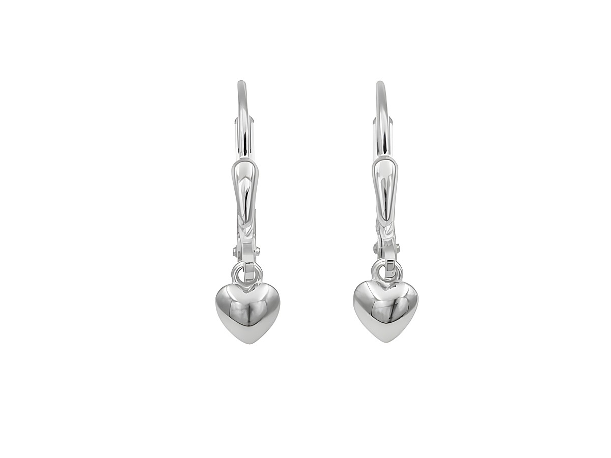 Ohrringe Ohrhänger Herzchen aus Sterling Silber, rhodiniert, ideal für Kinder, hergestellt von Juwelier Harnisch, mit glänzenden Herzchen als Anhänger.
