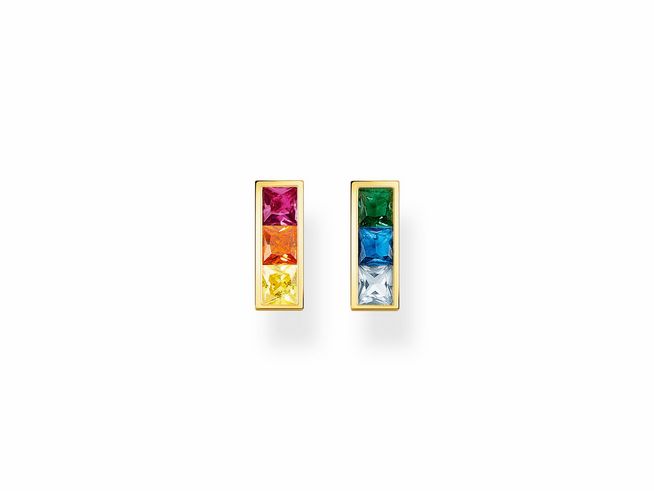 Ohrstecker aus Sterling Silber vergoldet mit bunten Zirkonia in Rainbow-Optik, rechteckiges Design mit verschiedenen Farben, elegant und farbenfroh für jeden Anlass.